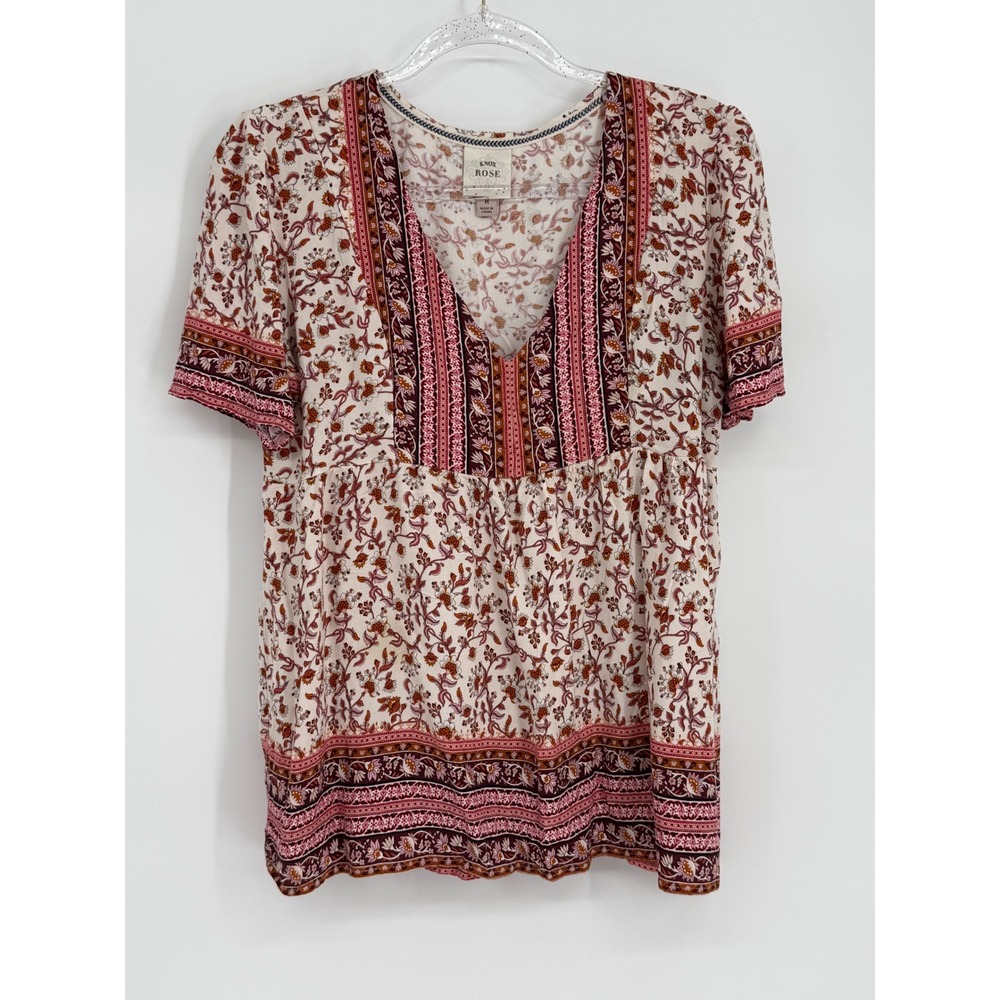 Knox Rose Womens Floral Babydoll Top Burgundy Pink V-Neck Short Sleeve Medium - Picture 1 of 9